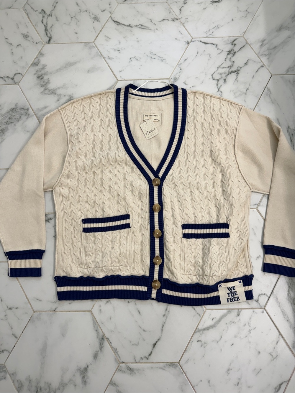 NWT We The Free Cream Cardigan with Navy Stripe Trim